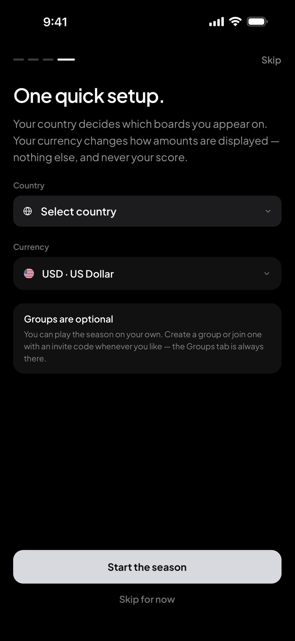 Onboarding: country and currency