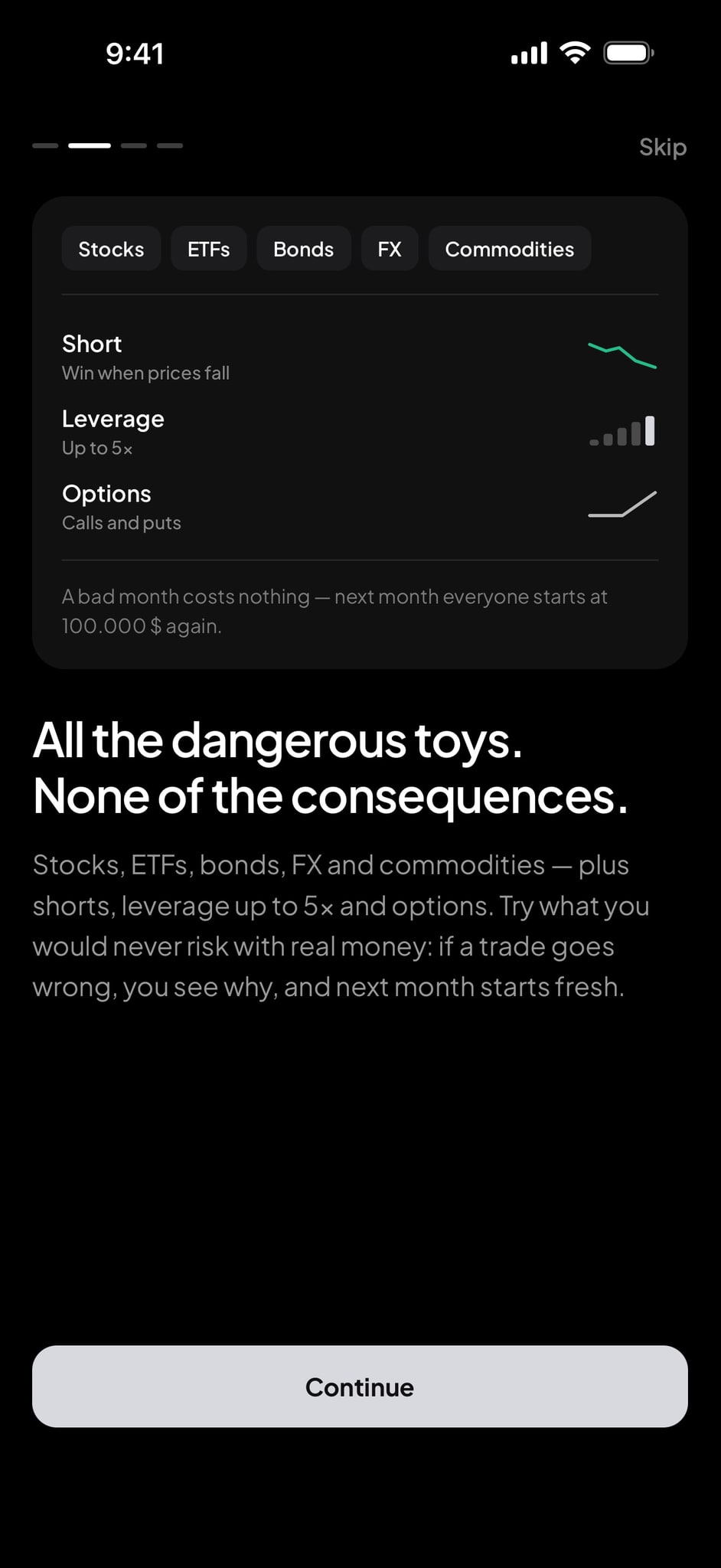 Onboarding: shorts, leverage and options without the risk